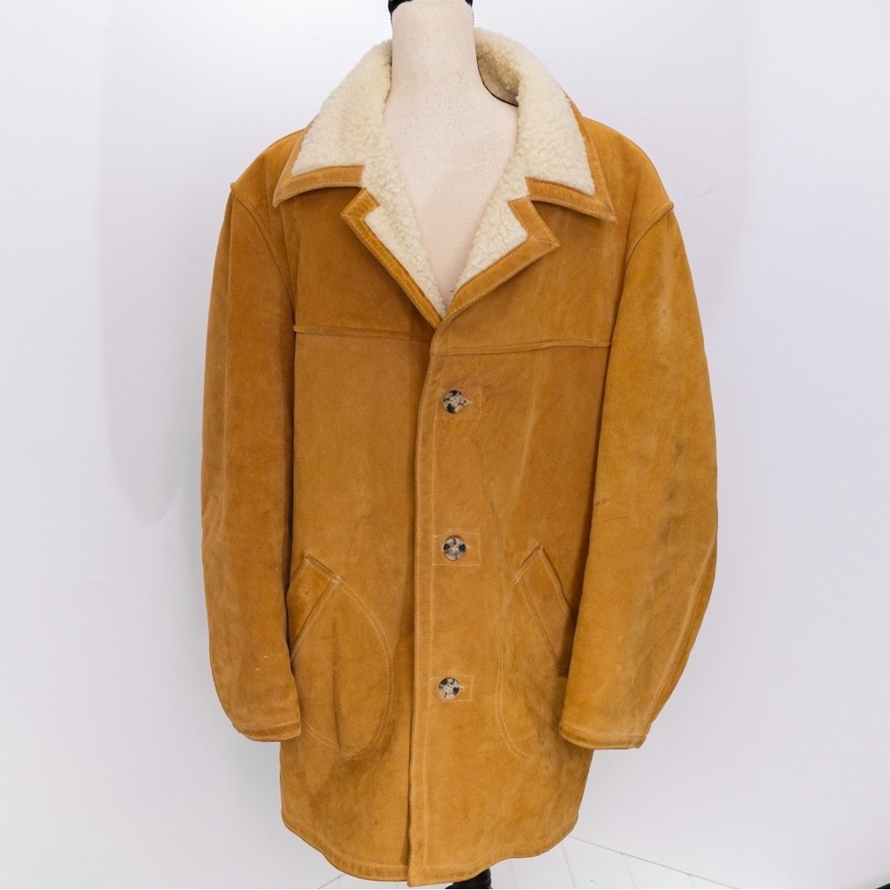 Vintage suede leather coat virgin wool lined work coat dark camel 46L